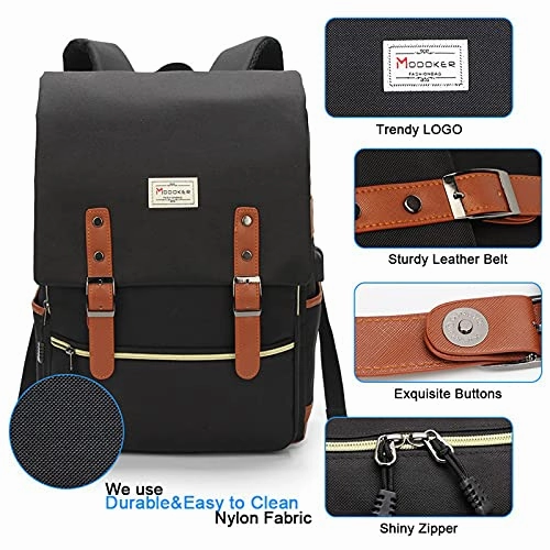Modoker Vintage Laptop Backpack for Women Men,School College Backpack with USB Charging Port Fashion Backpack Fits 15 inch Notebook, Bookbag Black