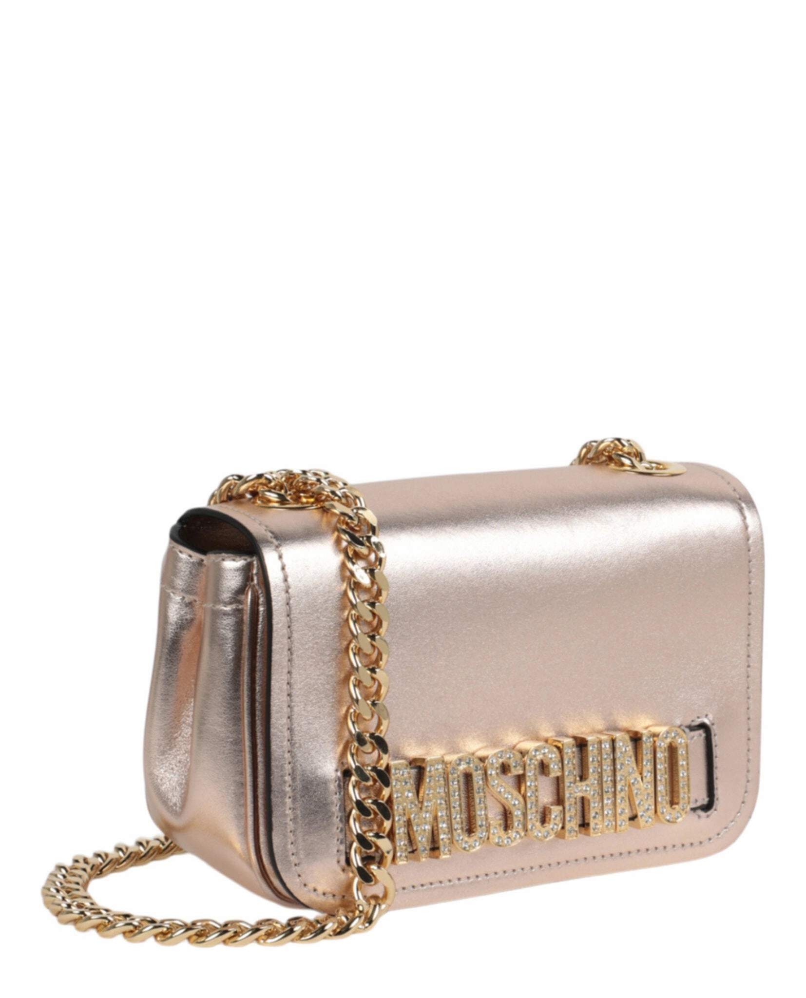 Moschino Metallic Leather Crystal-Embellished Logo Crossbody Bag 7442-8011-1225