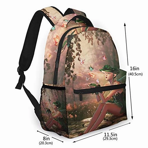 Multifunctional Casual Backpack,3d Computer Graphics Of A Fairy And Flying Butterflies,Adult Teens College Double Shoulder Pack Travel Sports Bag Computer Notebooks