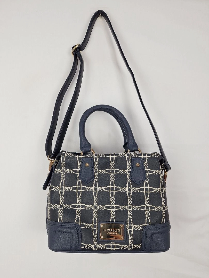 Oroton Navy Chain Link Print Structured Bag