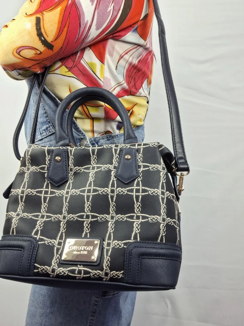 Oroton Navy Chain Link Print Structured Bag