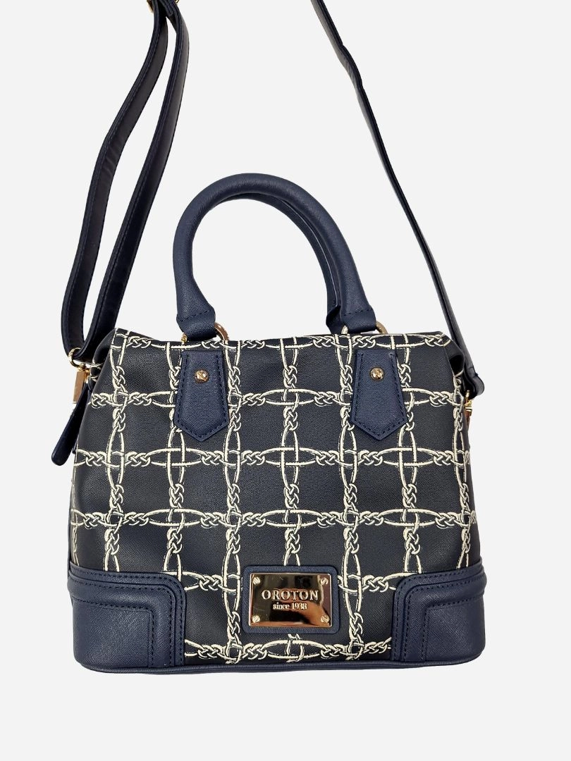 Oroton Navy Chain Link Print Structured Bag