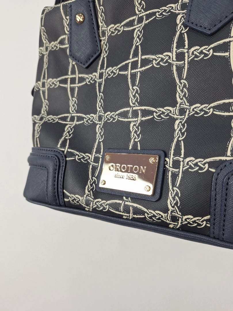 Oroton Navy Chain Link Print Structured Bag