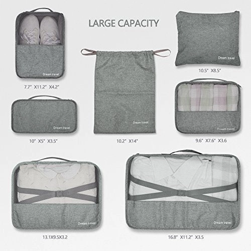 Packing Cubes VAGREEZ 7 Pcs Travel Luggage Packing Organizers Set with Laundry Bag (Grey)