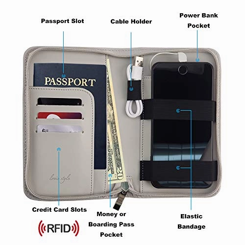 Phone Charging Passport Holder -Multiple Variations with Upgraded Power Bank- RFID Blocking - Travel Wallet Compatible with All Phones - Travel Accessories (Cool Gray)
