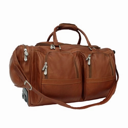Piel Leather Duffel with Pockets On Wheels, Saddle, One Size