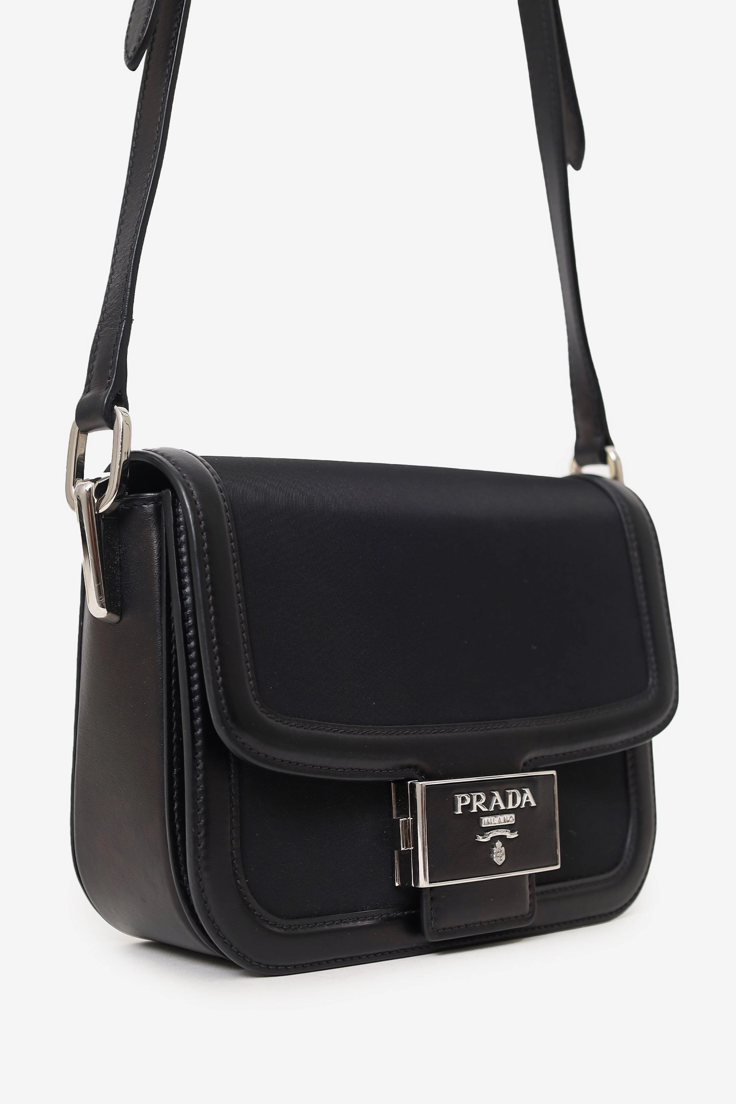 Prada Black Nylon Saffiano Lux Leather Emblme Shoulder Bag
