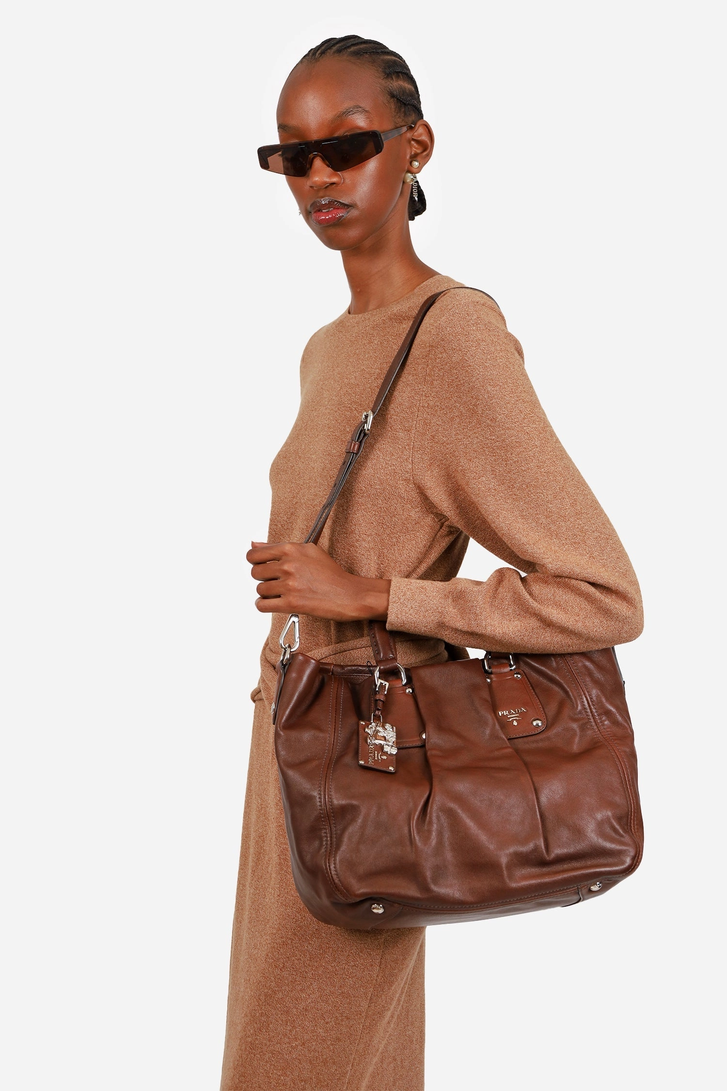 Prada Brown Leather 2Way Top Handle with Strap