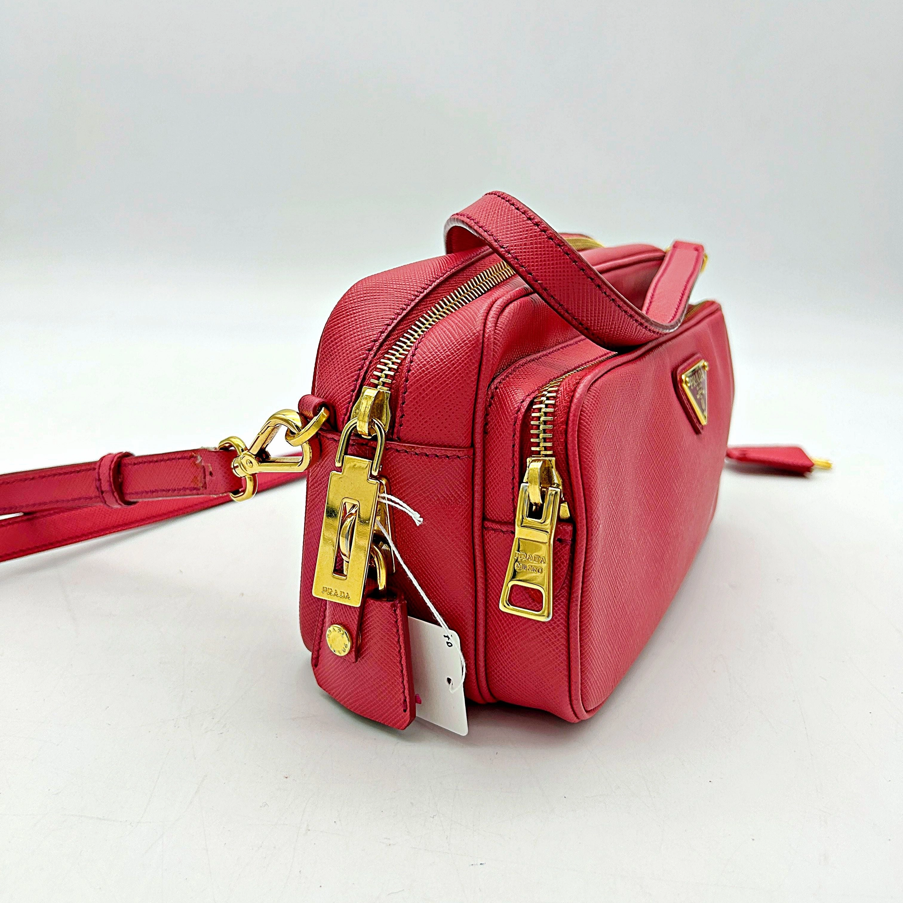 PRADA Saffiano Lux Double Zip Crossbody Bag Fuoco AF152