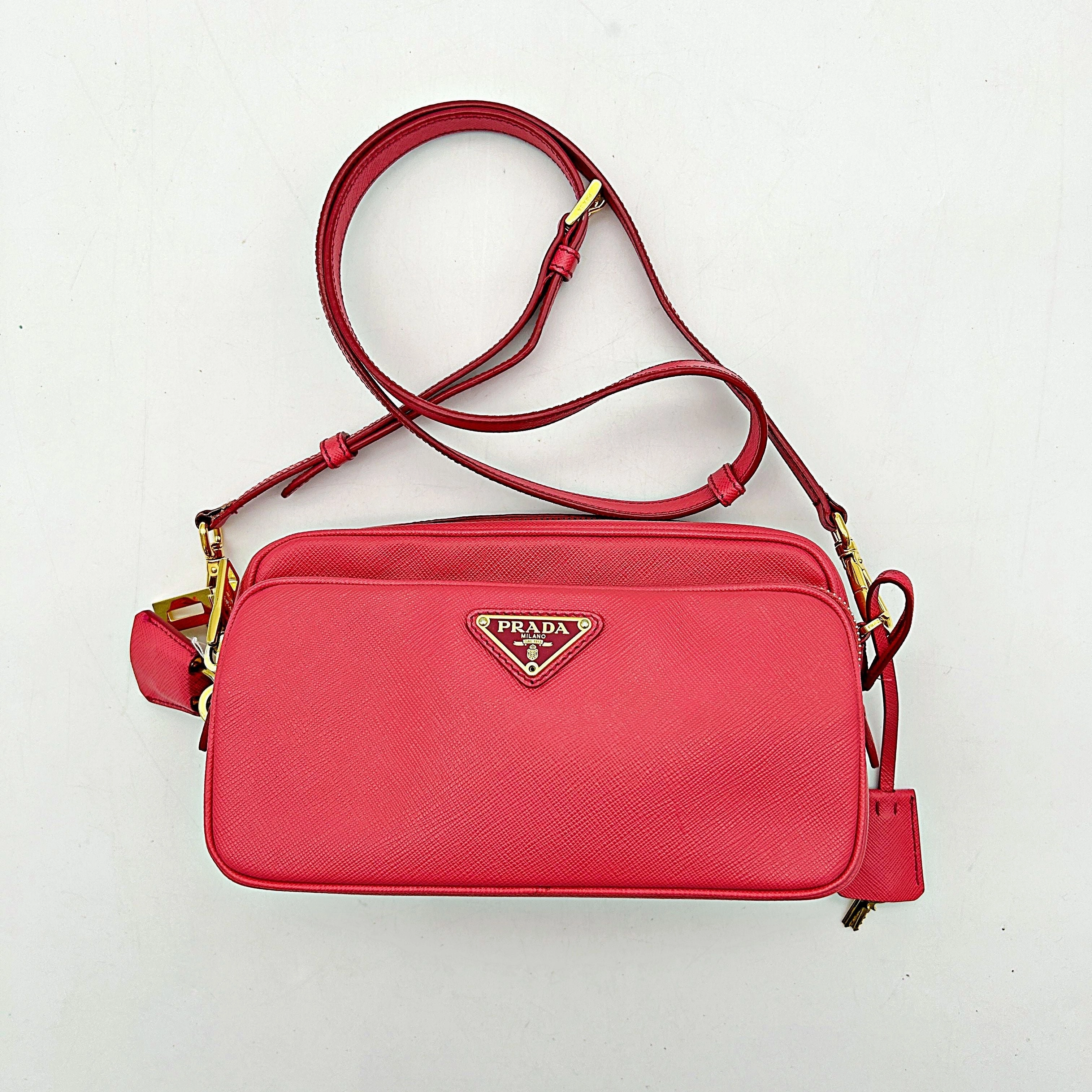 PRADA Saffiano Lux Double Zip Crossbody Bag Fuoco AF152