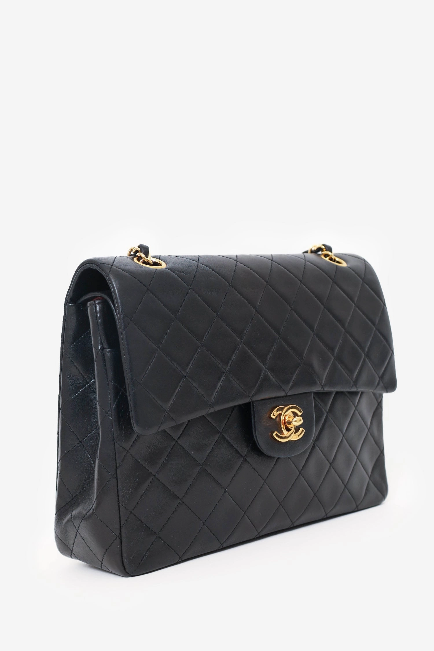 Pre-Loved Chanel 1989-91 Black Lambskin Classic Medium M/L Square Double Flap