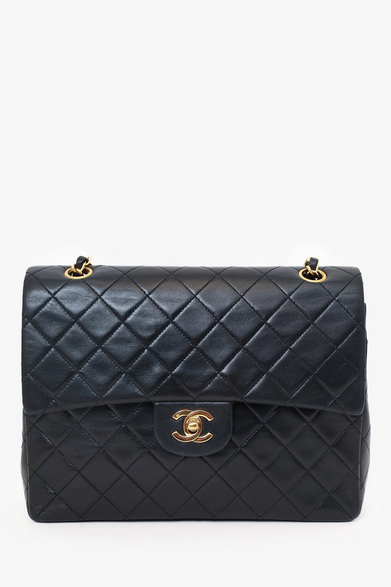 Pre-Loved Chanel 1989-91 Black Lambskin Classic Medium M/L Square Double Flap