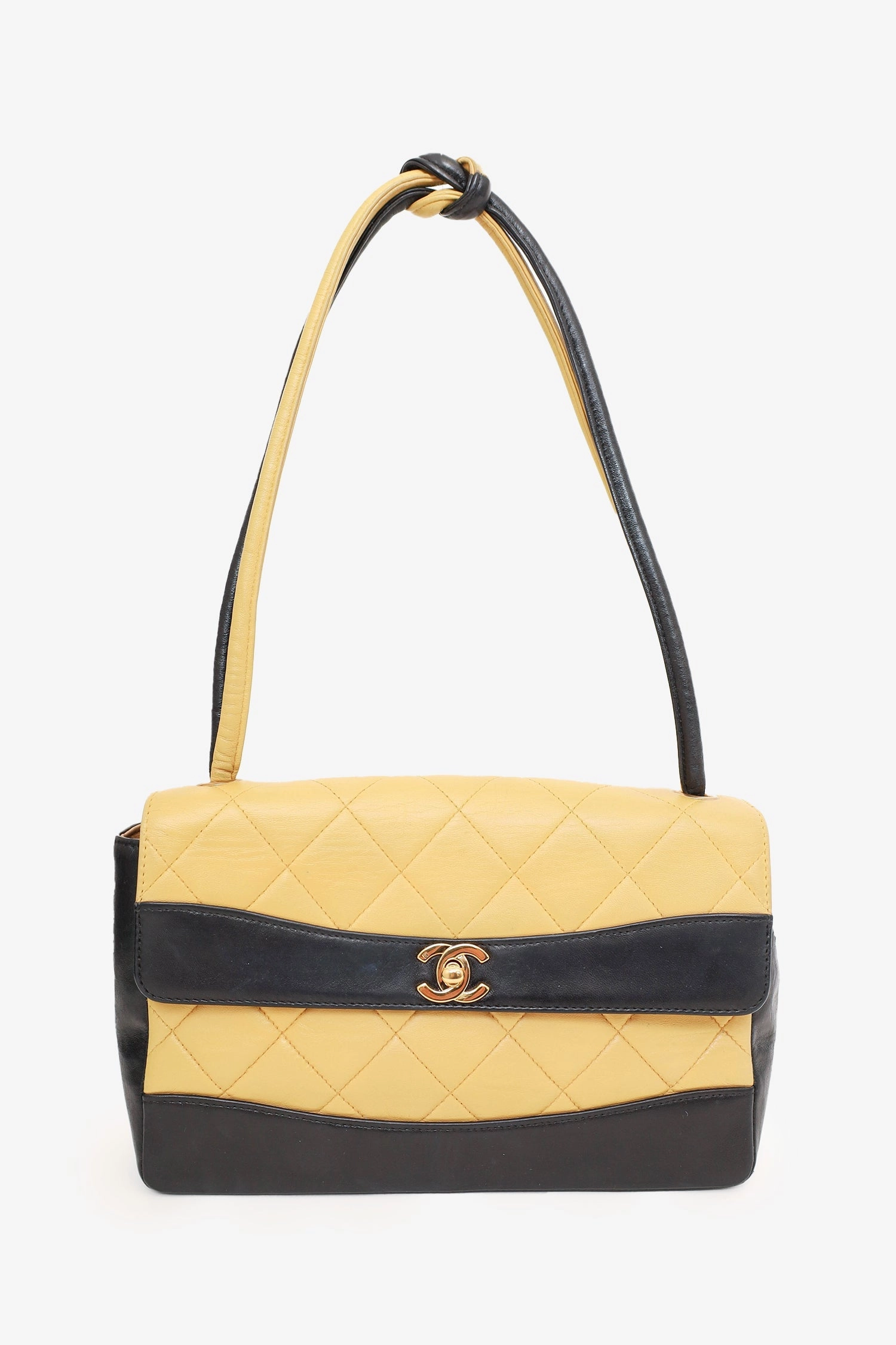Pre-Loved Chanel 2000-02 Beige/Black Quilted Lambskin Tie Knot Flap Bag