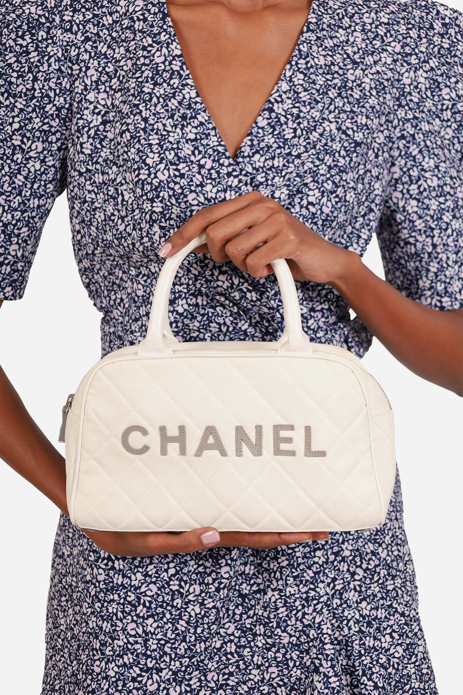 Pre-Loved Chanel 2000-02 White Canvas Mini Bowler Bag