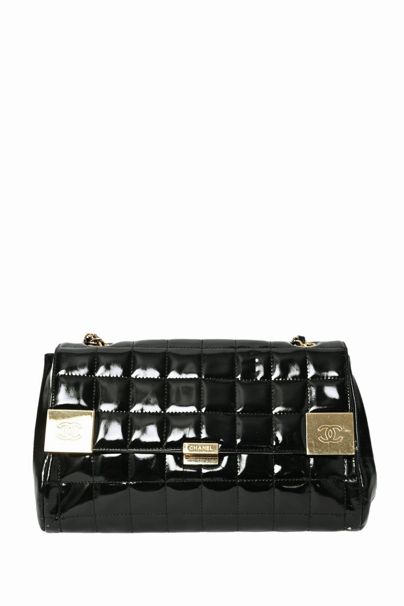 Pre-Loved Chanel 2002 Black Patent Chocolate Bar Flap Bag (Refurbished)