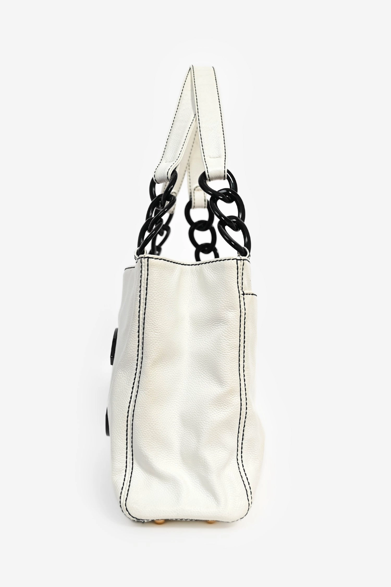 Pre-Loved Chanel 2004-05 White Caviar Leather Black Resin CC Chain Link Tote Bag