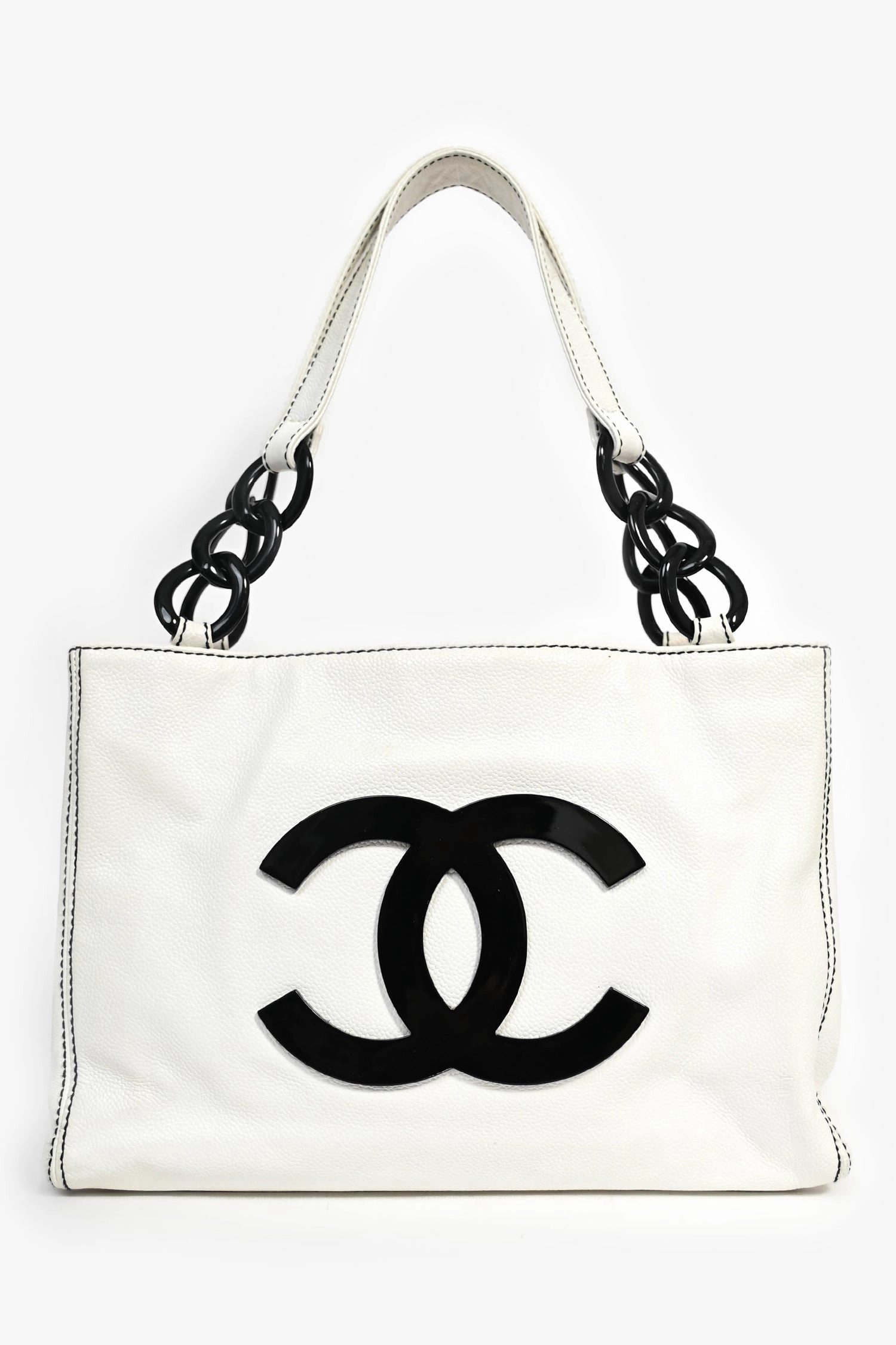 Pre-Loved Chanel 2004-05 White Caviar Leather Black Resin CC Chain Link Tote Bag