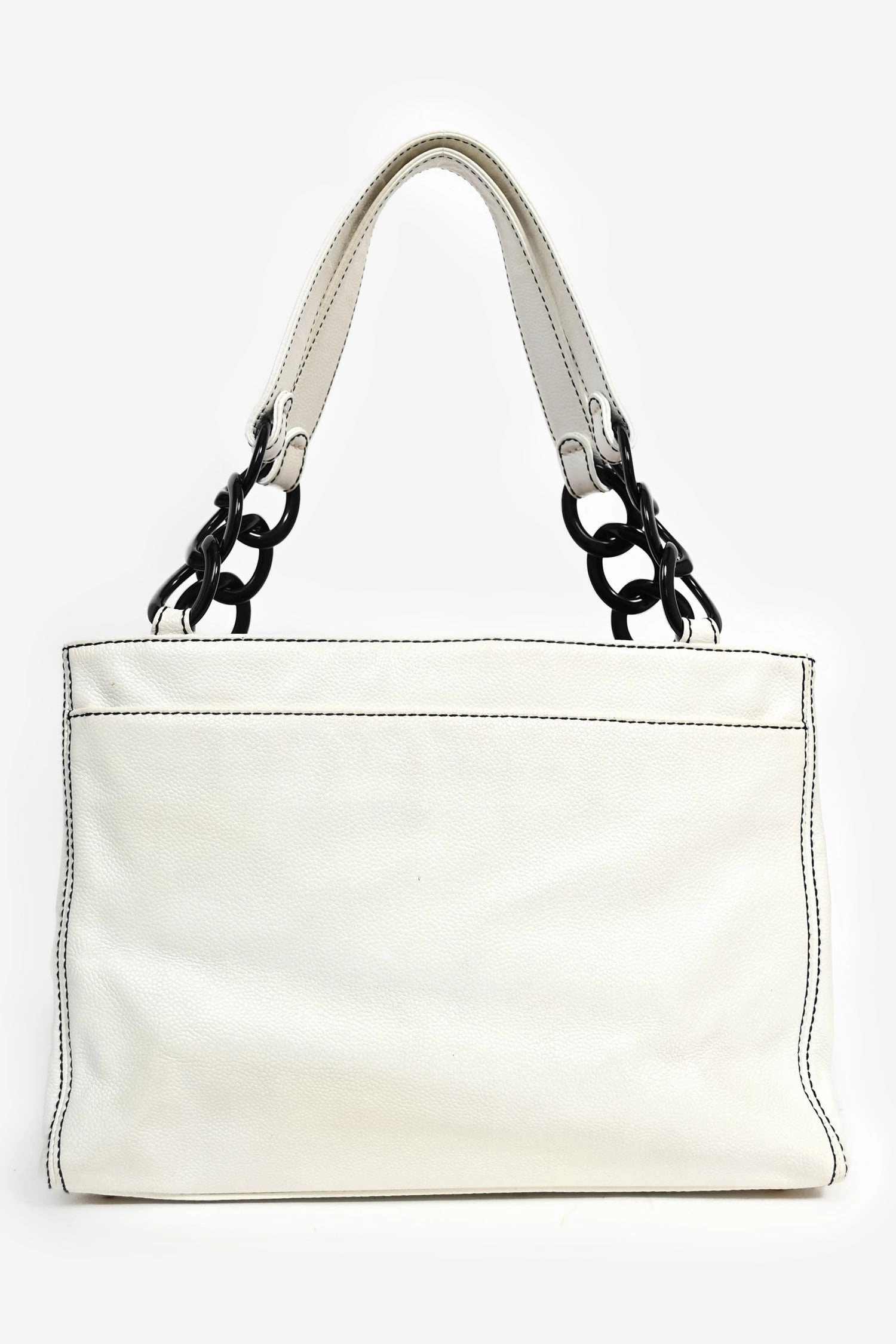 Pre-Loved Chanel 2004-05 White Caviar Leather Black Resin CC Chain Link Tote Bag