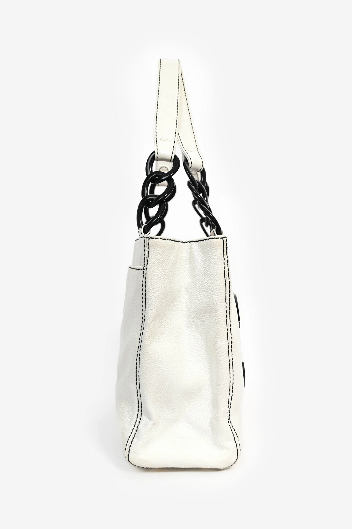 Pre-Loved Chanel 2004-05 White Caviar Leather Black Resin CC Chain Link Tote Bag