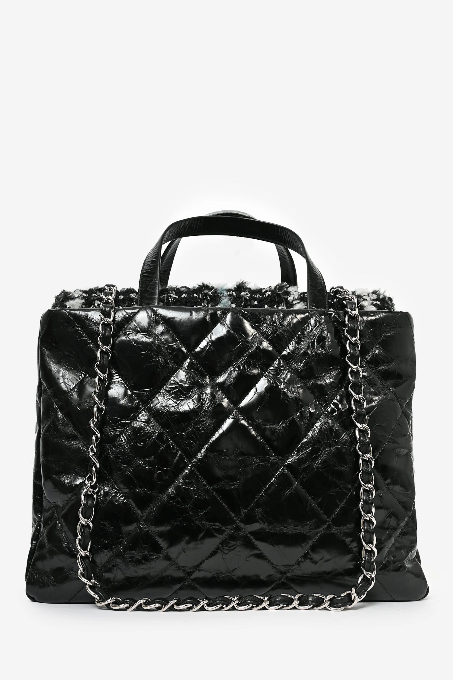 Pre-Loved Chanel 2010/11 Black Glossy Calfskin Leather/Tweed Portobello Tote Bag