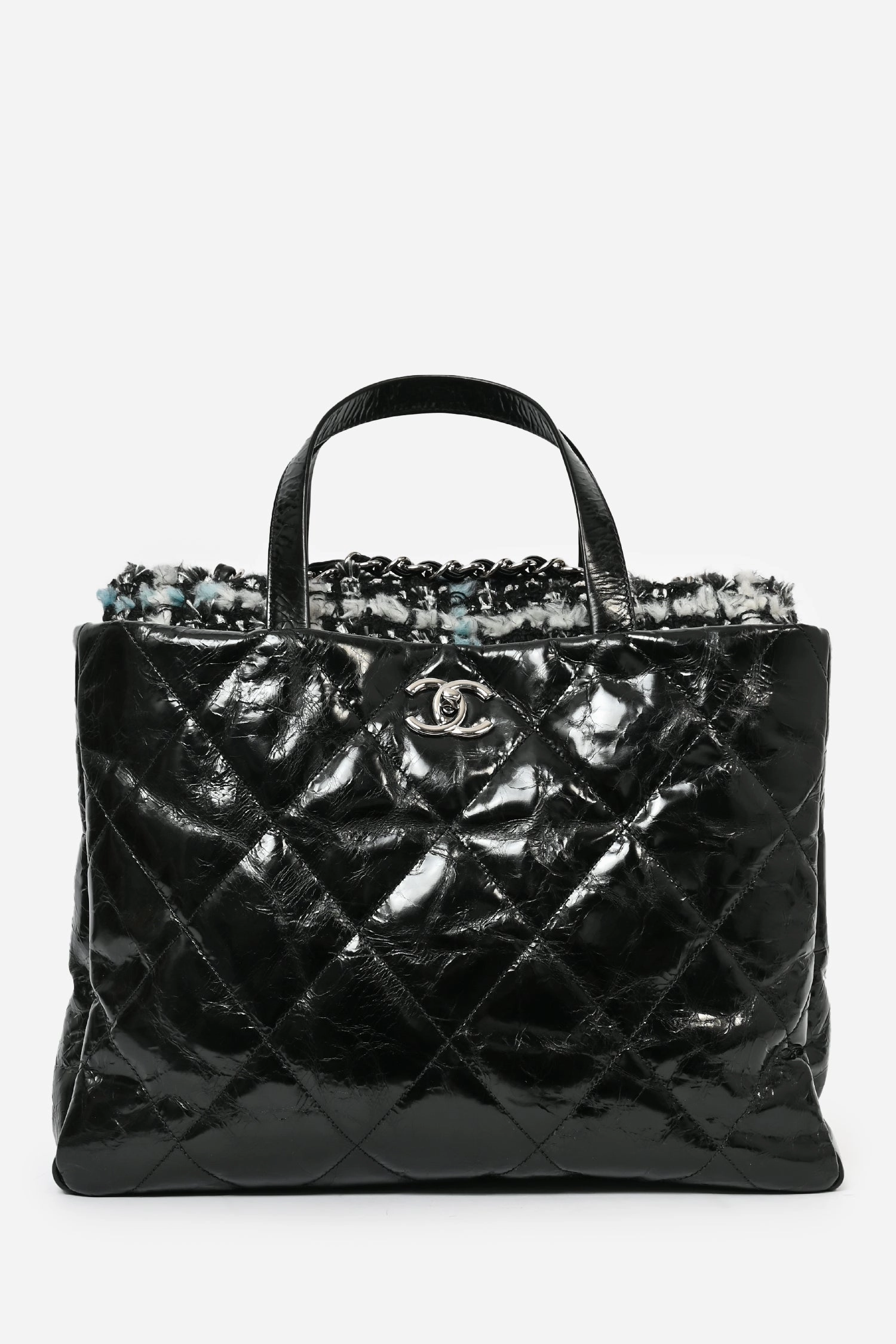 Pre-Loved Chanel 2010/11 Black Glossy Calfskin Leather/Tweed Portobello Tote Bag