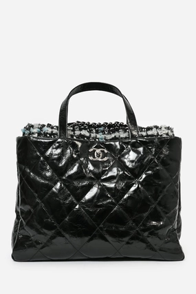 Pre-Loved Chanel 2010/11 Black Glossy Calfskin Leather/Tweed Portobello Tote Bag