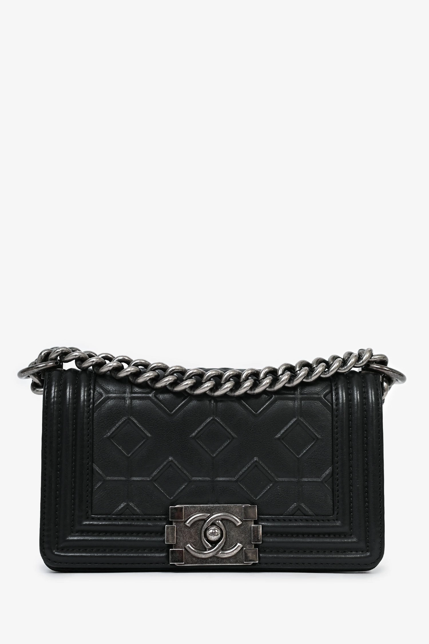 Pre-Loved Chanel 2012-13 Black 'Arabesque' Embossed Leather Small Boy Bag