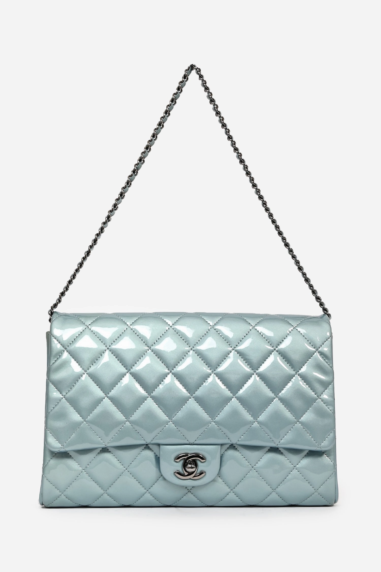 Pre-Loved Chanel 2012 Blue Patent Quilted Clutch On Chain