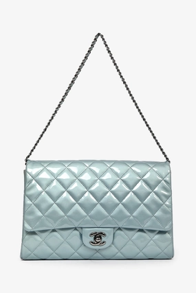 Pre-Loved Chanel 2012 Blue Patent Quilted Clutch On Chain