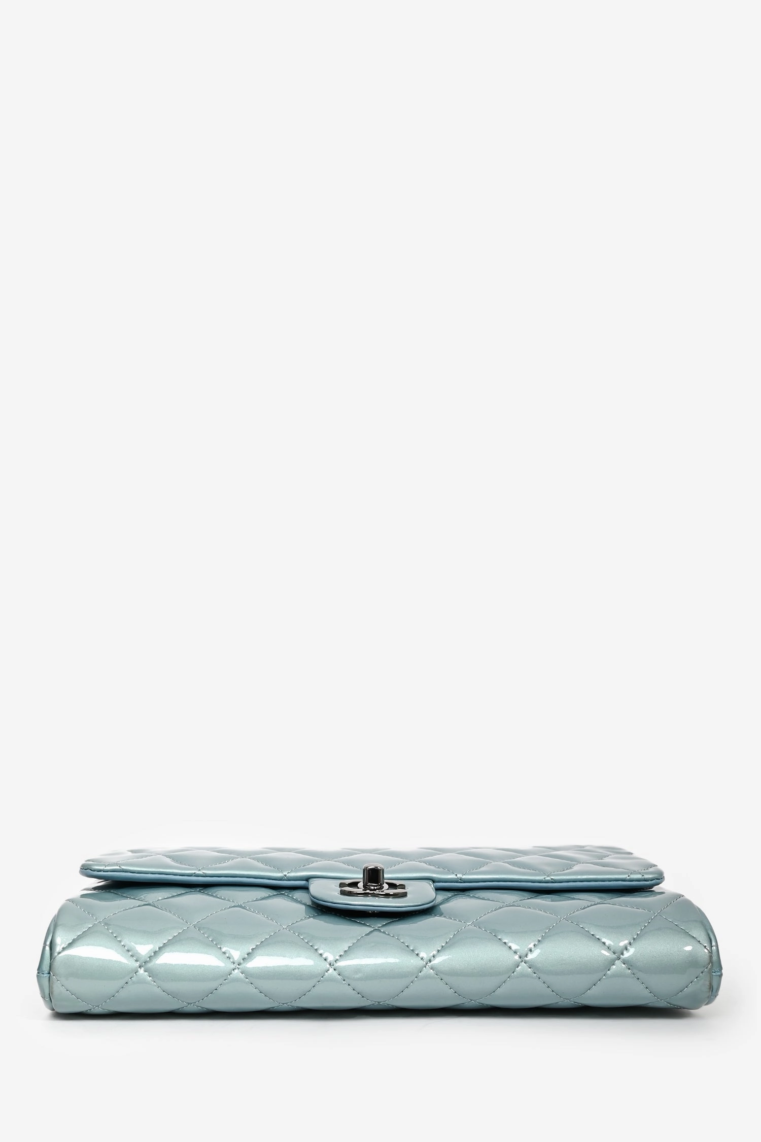 Pre-Loved Chanel 2012 Blue Patent Quilted Clutch On Chain