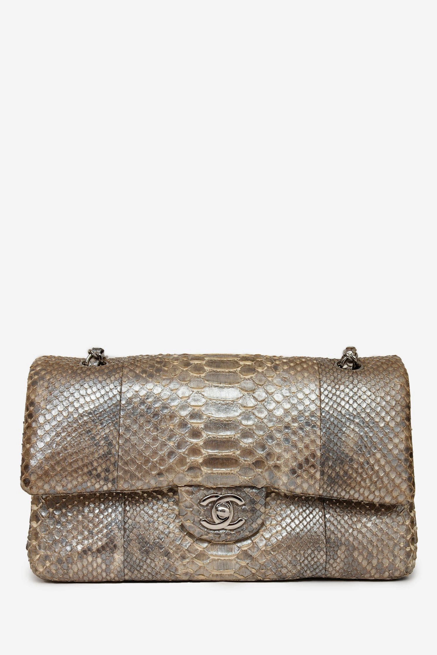 Pre-Loved Chanel 2012 Silver Metallic Python Leather Classic Double Flap