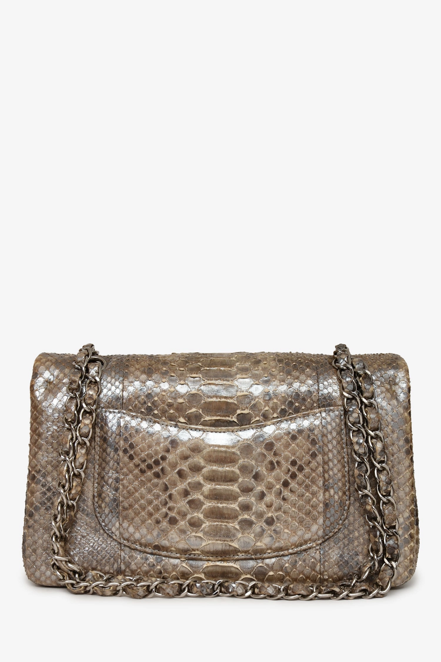 Pre-Loved Chanel 2012 Silver Metallic Python Leather Classic Double Flap
