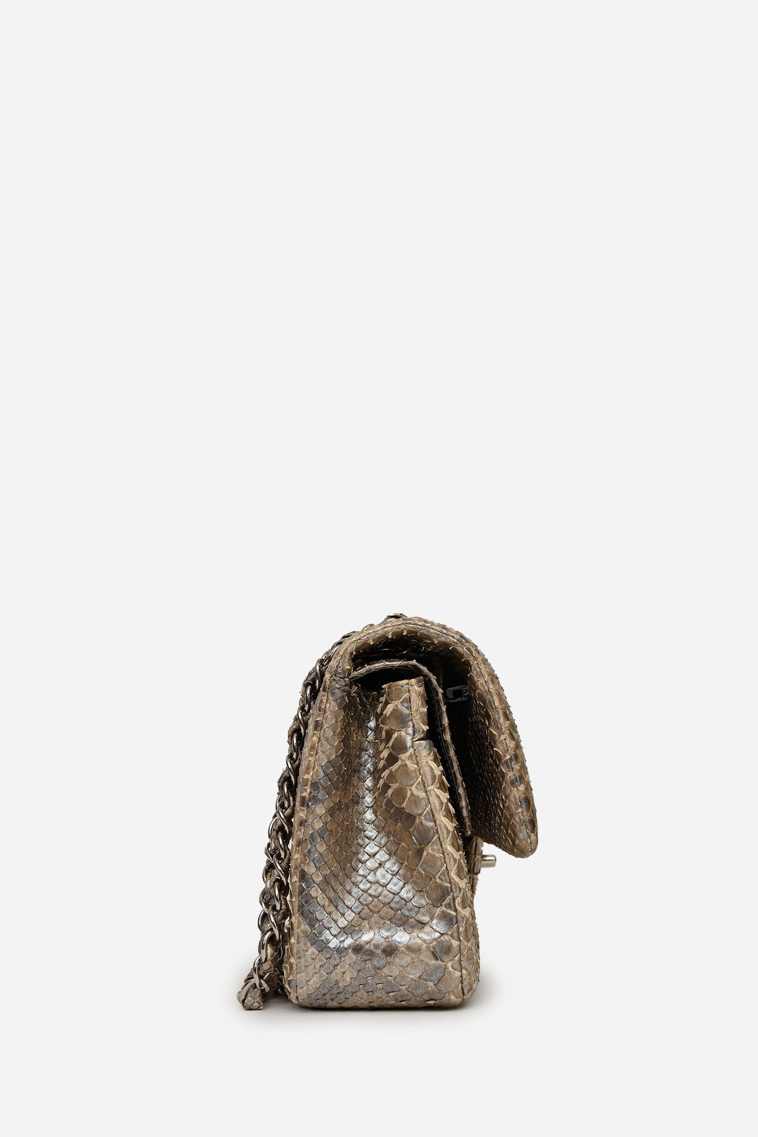 Pre-Loved Chanel 2012 Silver Metallic Python Leather Classic Double Flap
