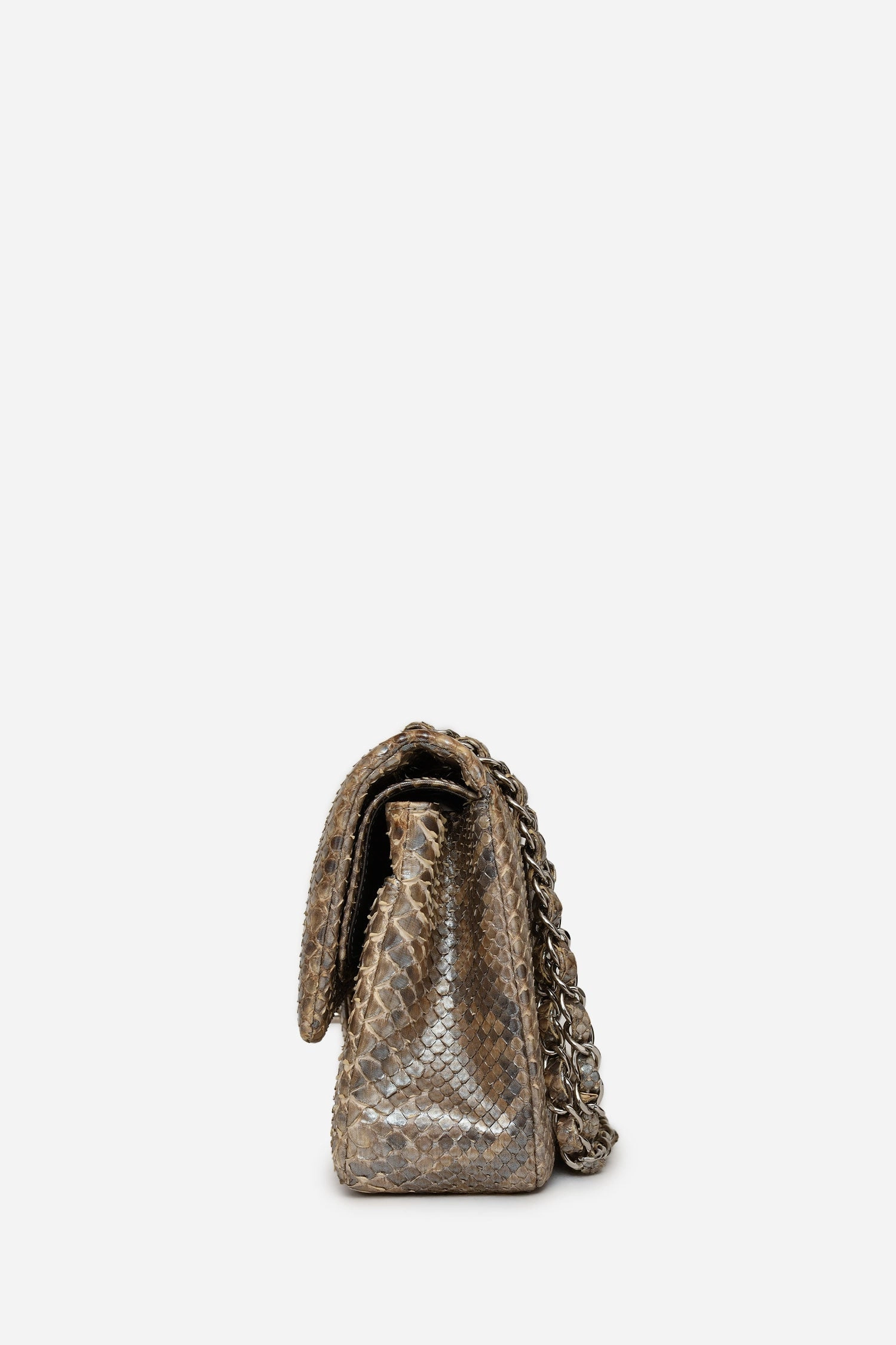 Pre-Loved Chanel 2012 Silver Metallic Python Leather Classic Double Flap
