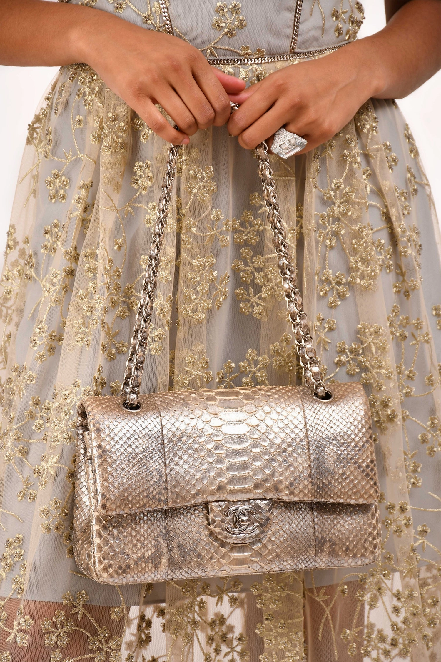 Pre-Loved Chanel 2012 Silver Metallic Python Leather Classic Double Flap