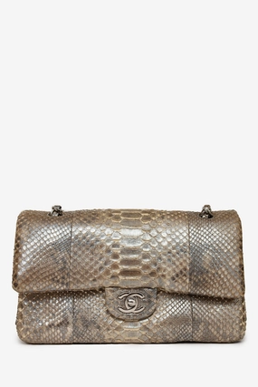 Pre-Loved Chanel 2012 Silver Metallic Python Leather Classic Double Flap
