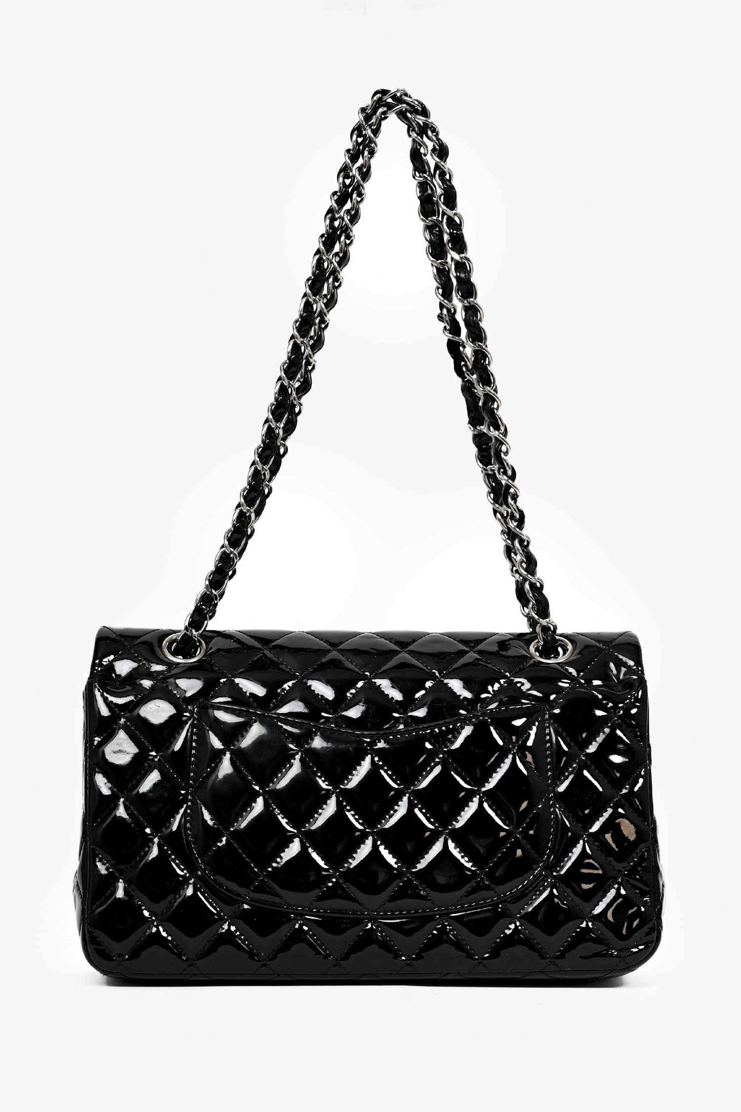 Pre-Loved Chanel 2013-14 Black Patent Quilted Medium Double Flap Shoulder Bag