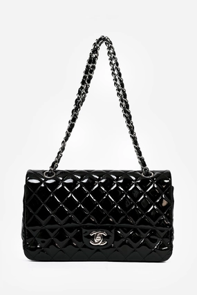 Pre-Loved Chanel 2013-14 Black Patent Quilted Medium Double Flap Shoulder Bag