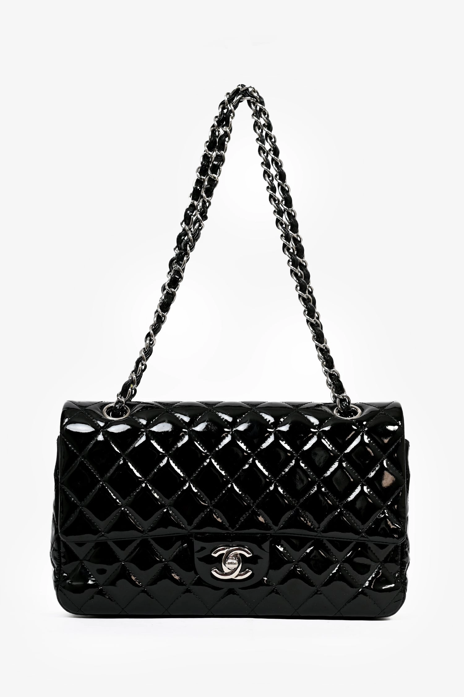 Pre-Loved Chanel 2013-14 Black Patent Quilted Medium Double Flap Shoulder Bag