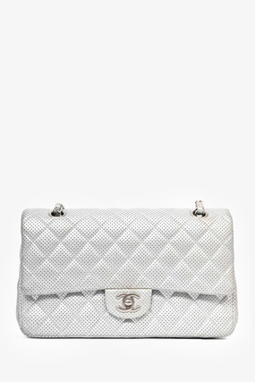 Pre-Loved Chanel 2014 Silver Perforated Leather Medium Double Flap Shoulder Bag