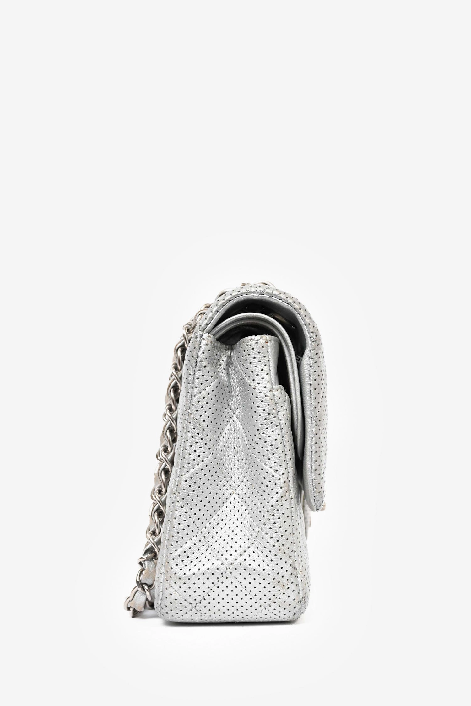 Pre-Loved Chanel 2014 Silver Perforated Leather Medium Double Flap Shoulder Bag