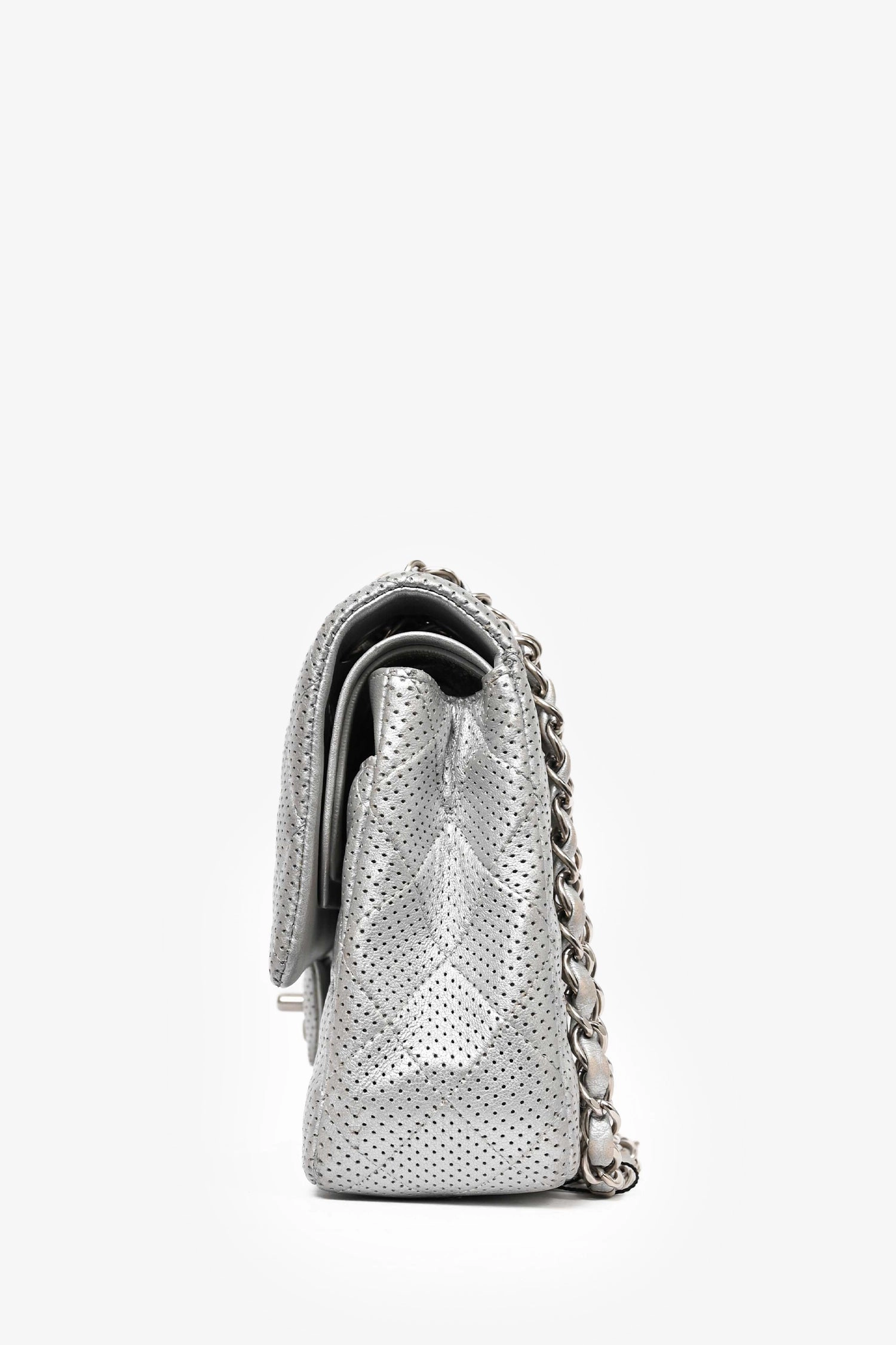 Pre-Loved Chanel 2014 Silver Perforated Leather Medium Double Flap Shoulder Bag