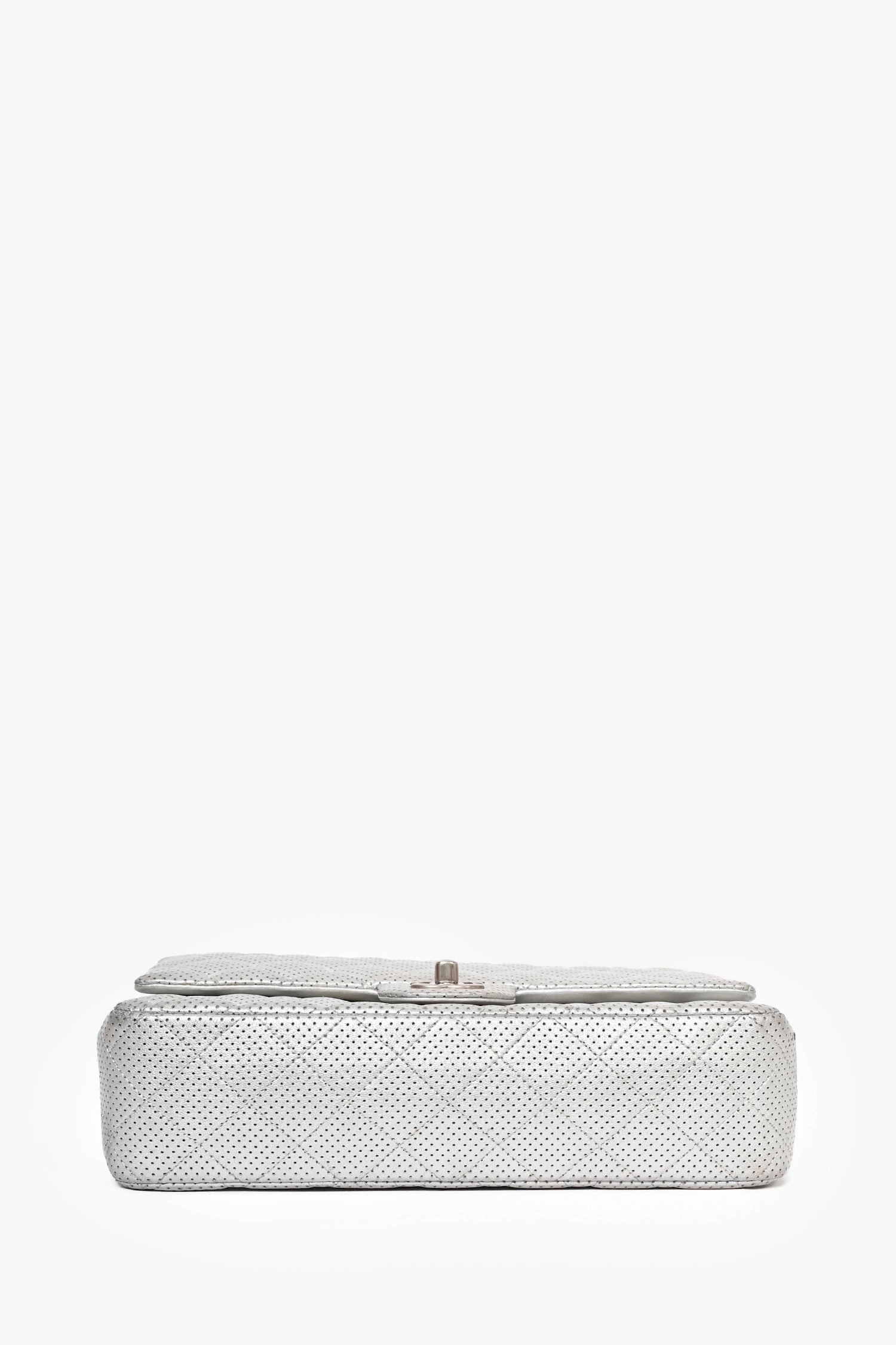 Pre-Loved Chanel 2014 Silver Perforated Leather Medium Double Flap Shoulder Bag