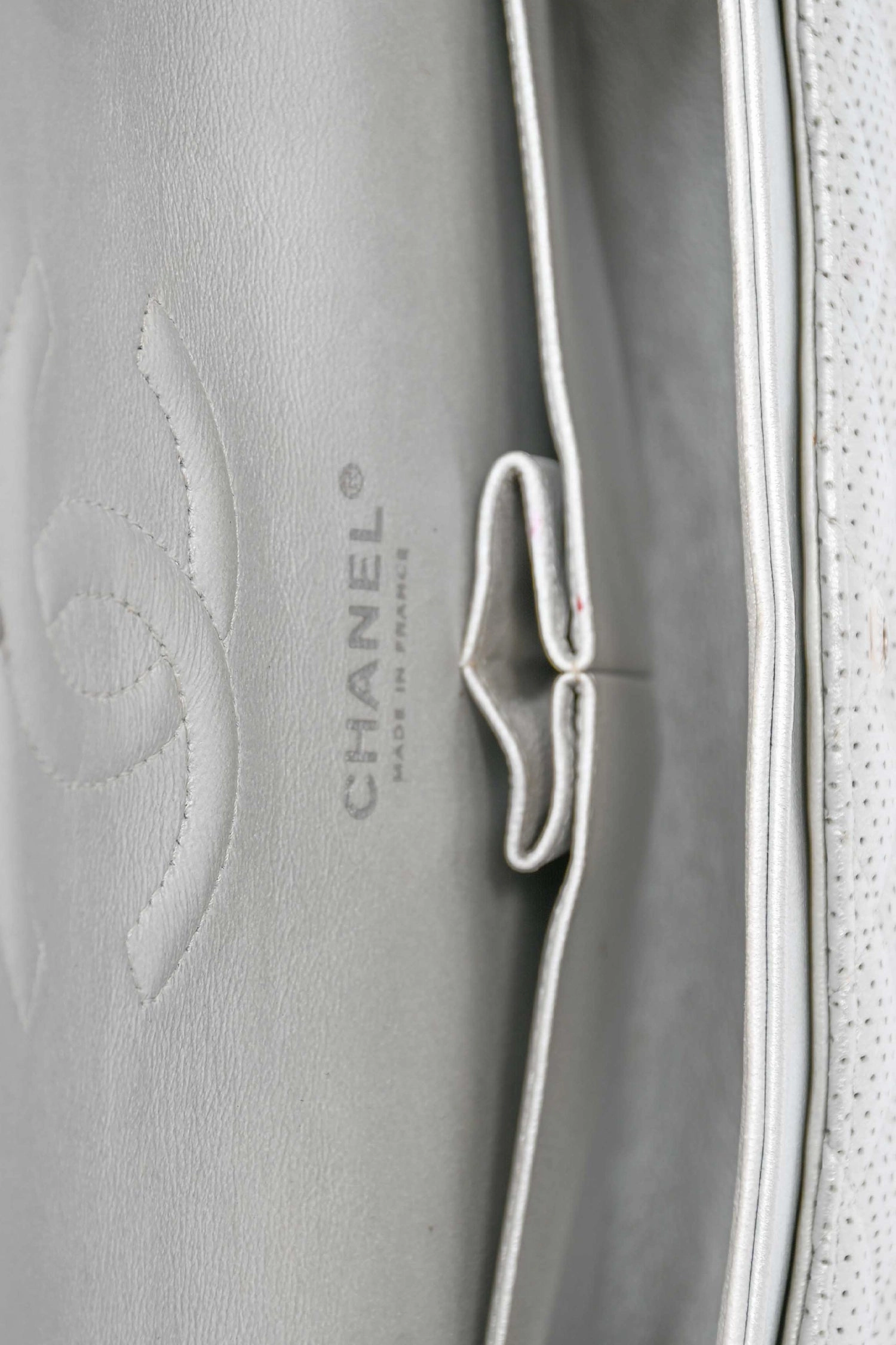 Pre-Loved Chanel 2014 Silver Perforated Leather Medium Double Flap Shoulder Bag