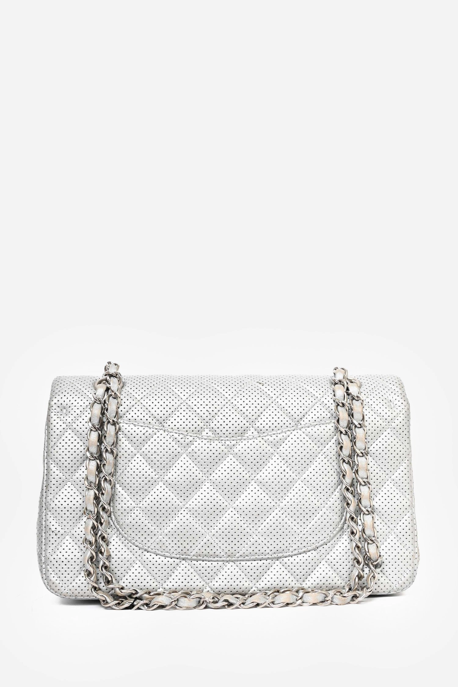 Pre-Loved Chanel 2014 Silver Perforated Leather Medium Double Flap Shoulder Bag