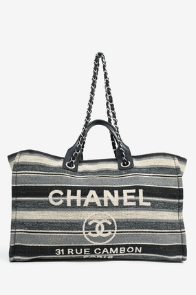 Pre-Loved Chanel 2018-19 Grey Striped Fabric Deauville Tote (As Is)