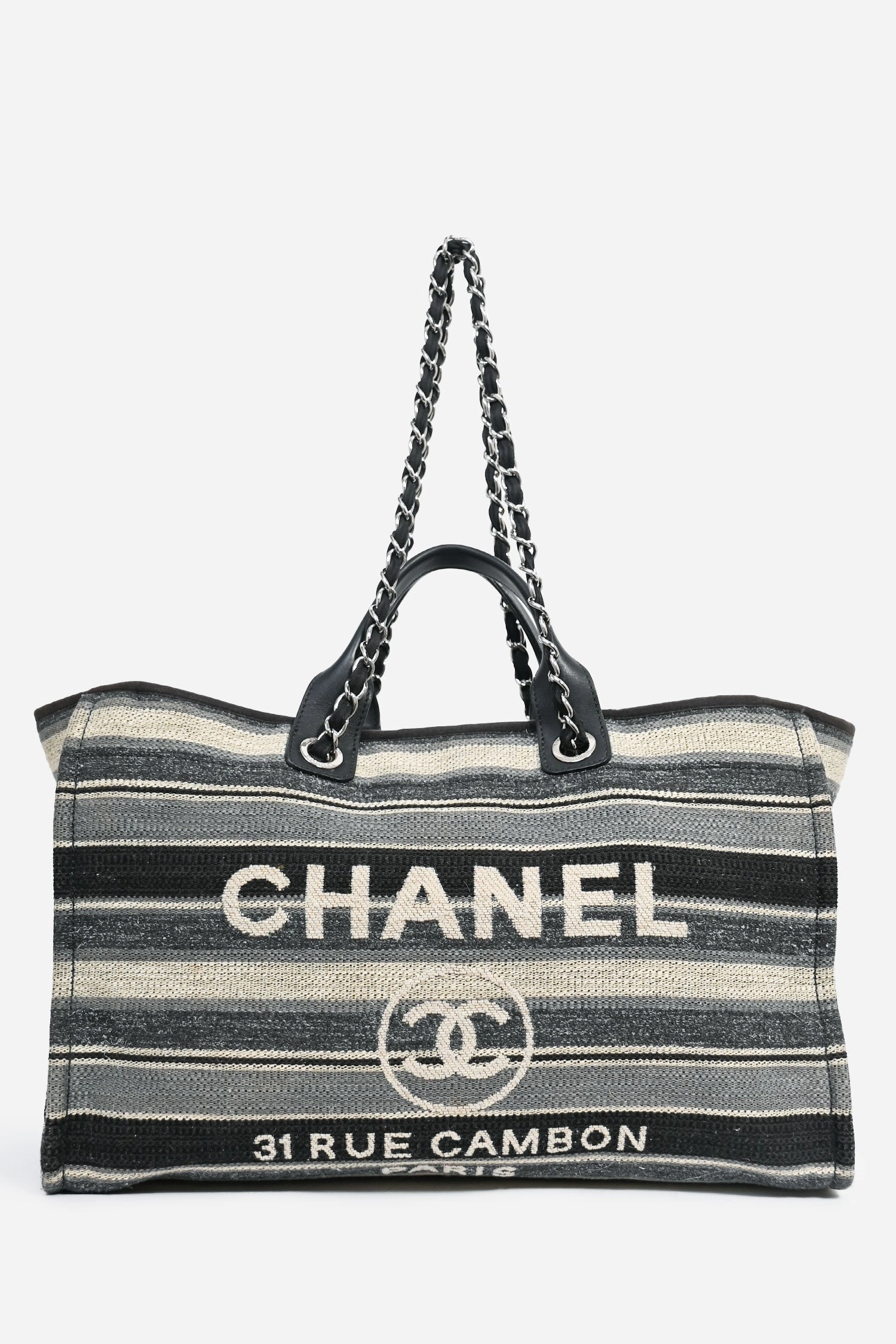 Pre-Loved Chanel 2018-19 Grey Striped Fabric Deauville Tote (As Is)