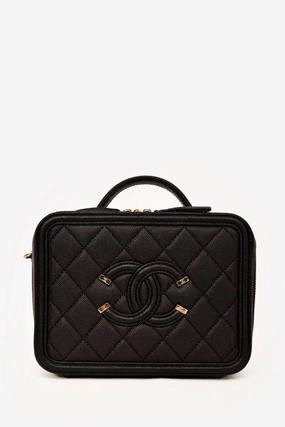 Pre-Loved Chanel 2019-20 Black Caviar Leather Filigree Small Vanity Case Crossbody