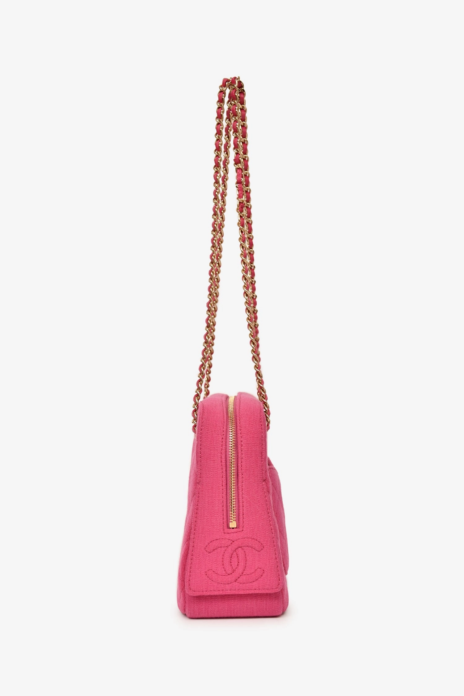 Pre-Loved Chanel 2019-20 Fuchsia Quilted Jersey Zip Double Chain Bag