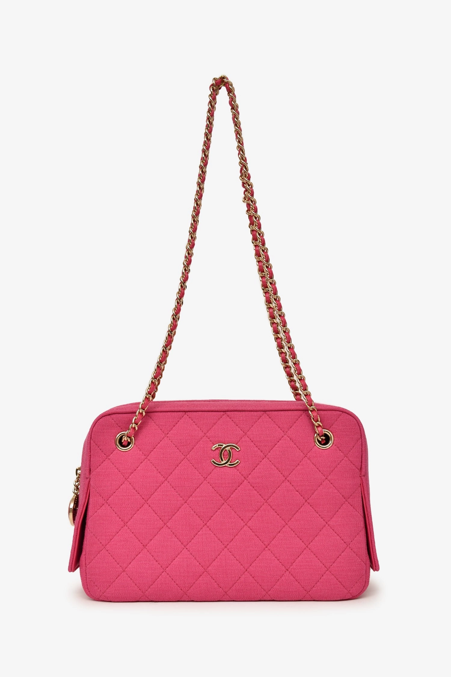 Pre-Loved Chanel 2019-20 Fuchsia Quilted Jersey Zip Double Chain Bag